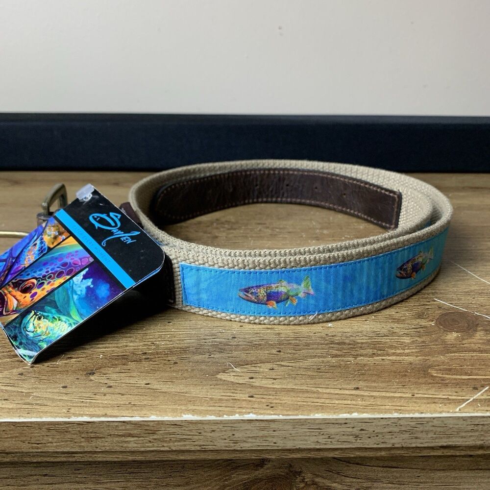Savlen Fly Fishing Brown Trout Ribbon Belt Pickleball Level Wear Cotton/Leather